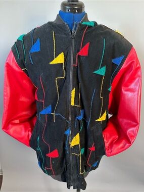 90’s Vintage leatherBlack Multi-Color Embroidered Bomber Jacket with Red Sleeves